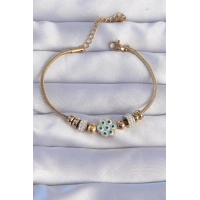 316L Çelik Gold Renk Zirkon Taşlı Nazarlı Çiçek Tasarımlı Bileklik