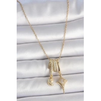 316L Çelik Gold Renk Zirkon Taşlı Sallantı Ay Yıldız Figür Charm Kadın Kolye