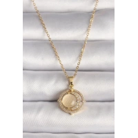 316L Çelik Gold Renk Zirkon Taşlı Sarı Sedefli Hilal Model Kadın Kolye