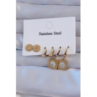 316L Çelik Gold Renk Zirkon Taşlı Sedefli Papatya Model Halka Küpe Seti