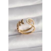 316L Çelik Gold Renk Zirkon Taşlı Yaprak Model Kadın Yüzük