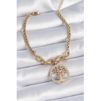 316L Çelik Gold Renk Zirkon Taşlı Yaşam Ağacı Figür Kadın Bileklik