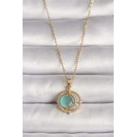 316L Çelik Gold Renk Zirkon Taşlı Yeşil Sedefli Hilal Model Kadın Kolye