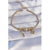 316L Çelik Gold Renk Zirkon Taşlı Yonca Detay Nazarlı Anahtar Tasarımlı Bileklik