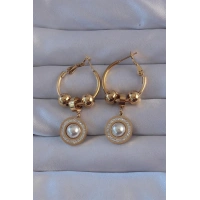 316L Çelik Gold Renk Zirkon ve İnci Taşlı Model Halka Küpe