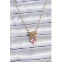 316L Çelik Gold Zincir Pembe Kristal Kalp Model Zirkon Taşlı Kurdele Model Kadın Kolye