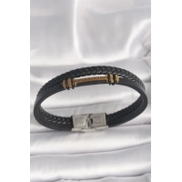 316L Çelik Gümüş Renk Aksesuarlı Çift Sıra Siyah Burgu Desen Deri Kordon Erkek Bileklik