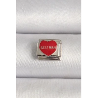 316L Çelik Gümüş Renk Best Man Yazılı Kırmızı Kalp İşlemeli Nomination Charm