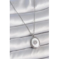 316L Çelik Gümüş Renk Beyaz Mineli Güneş İşlemeli Nazar Boncuk Detay Madalyon Model Kadın Kolye