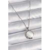 316L Çelik Gümüş Renk Beyaz Sedefli Daire Model Kadın Kolye