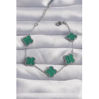 316L Çelik Gümüş Renk Çizgili Yeşil Mineli Yonca Bileklik