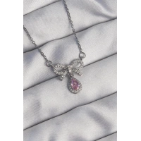 316L Çelik Gümüş Renk Fiyonk Detay Pembe Zirkon Taşlı Damla Kolye