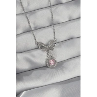 316L Çelik Gümüş Renk Fiyonk Detay Pembe Zirkon Taşlı Tektaş Kolye