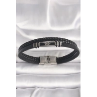 316L Çelik Gümüş Renk Gemi Dümeni Figür Siyah Burgu Deri Kordon Model Erkek Bileklik