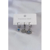 316L Çelik Gümüş Renk Göz Figür Nazar Boncuk Detay Kadın Küpe Kombini