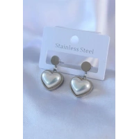 316L Çelik Gümüş Renk İncili Kalp Model Kadın Küpe