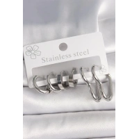 316L Çelik Gümüş Renk Kalp Halka Model Kadın Küpe Seti