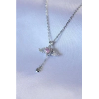 316L Çelik Gümüş Renk Kanatlı Kalp Figür Zirkon Taş Detay Kadın Kolye