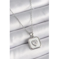 316L Çelik Gümüş Renk Kare Madalyon Kalp Zirkon Taş İşleme Kadın Kolye