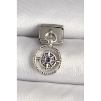 316L Çelik Gümüş Renk Mavi Taş Detaylı Pusula Model Nomination Charm