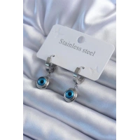 316L Çelik Gümüş Renk Nazar Boncuk Model Kadın Küpe