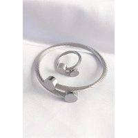 316L Çelik Gümüş Renk Oval Aksesuarlı Burgu Model Bileklik ve Yüzük Kombini