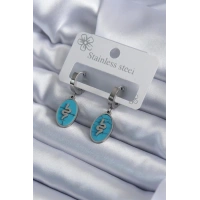 316L Çelik Gümüş Renk Oval Mavi Taşlı Yılan Figür Kadın Küpe