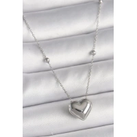 316L Çelik Gümüş Renk Topçuk Detay Zincir Kalp Model Kadın Kolye