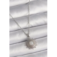 316L Çelik Gümüş Renk Zincir Beyaz Mineli Güneş Model Kadın Kolye