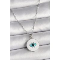 316L Çelik Gümüş Renk Zincir Beyaz Mineli Turkuaz Göz İşleme Model Kadın Kolye