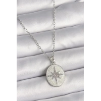 316L Çelik Gümüş Renk Zincir Beyaz Mineli Zirkon Taşlı Kutup Yıldız İşleme Kadın Kolye