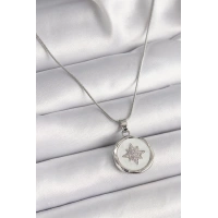 316L Çelik Gümüş Renk Zincir Beyaz Sedefli Zirkon Taşlı Yıldız İşleme Model Kadın Kolye