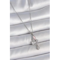 316L Çelik Gümüş Renk Zincir Damla Zirkon Taşlı Kelebek Model Sallantı Detay Kadın Kolye