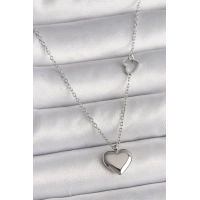 316L Çelik Gümüş Renk Zincir Kalp Detay Kalp Figür Kadın Kolye