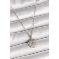 316L Çelik Gümüş Renk Zincir Madalyon Zirkon Taşlı İşlemeli Hilal Yıldız Model Kadın Kolye