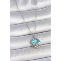 316L Çelik Gümüş Renk Zincir Mavi Taşlı Deniz Anası Model İnci Detay Kadın Kolye