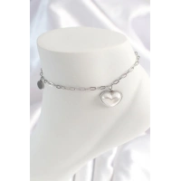 316L Çelik Gümüş Renk Zincir Model 3D Kalp Beyaz Kalp Figür Kadın HalHal