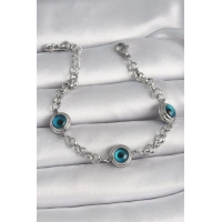 316L Çelik Gümüş Renk Zincir Model Nazar Boncuklu Kadın Bileklik