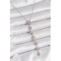 316L Çelik Gümüş Renk Zincir Pembe Zirkon Taşlı Y Model Dekolte Kadın Kolye