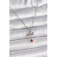 316L Çelik Gümüş Renk Zincir Renkli Zirkon Taşlı Yusufçuk Model Kadın Kolye