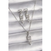 316L Çelik Gümüş Renk Zincir Sallantı Zirkon Taş Model Kadın Kolye Küpe Seti