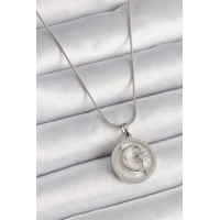 316L Çelik Gümüş Renk Zincir Zirkon Taş Detaylı Beyaz Sedefli Ay Yıldız İşleme Kadın Kolye