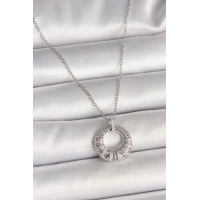 316L Çelik Gümüş Renk Zincir Zirkon Taş İşlemeli Daire Model Kadın Kolye