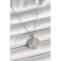 316L Çelik Gümüş Renk Zincir Zirkon Taşlı Ay Güneş İşlemeli Madalyon Model Kadın Kolye