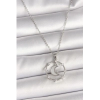 316L Çelik Gümüş Renk Zincir Zirkon Taşlı Beyaz Mineli Hilal Model Kadın Kolye