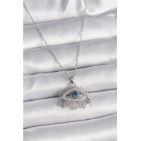 316L Çelik Gümüş Renk Zincir Zirkon Taşlı Göz Model Kadın Kolye