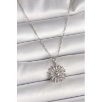 316L Çelik Gümüş Renk Zincir Zirkon Taşlı Güneş Model Kadın Kolye