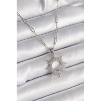 316L Çelik Gümüş Renk Zincir Zirkon Taşlı Güneş Model Kadın Kolye