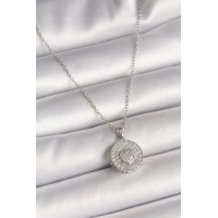 316L Çelik Gümüş Renk Zincir Zirkon Taşlı Kalp İşlemeli Madalyon Model Kadın Kolye