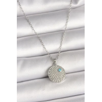 316L Çelik Gümüş Renk Zincir Zirkon Taşlı Mavi Taş Detaylı Madalyon Model Kadın Kolye